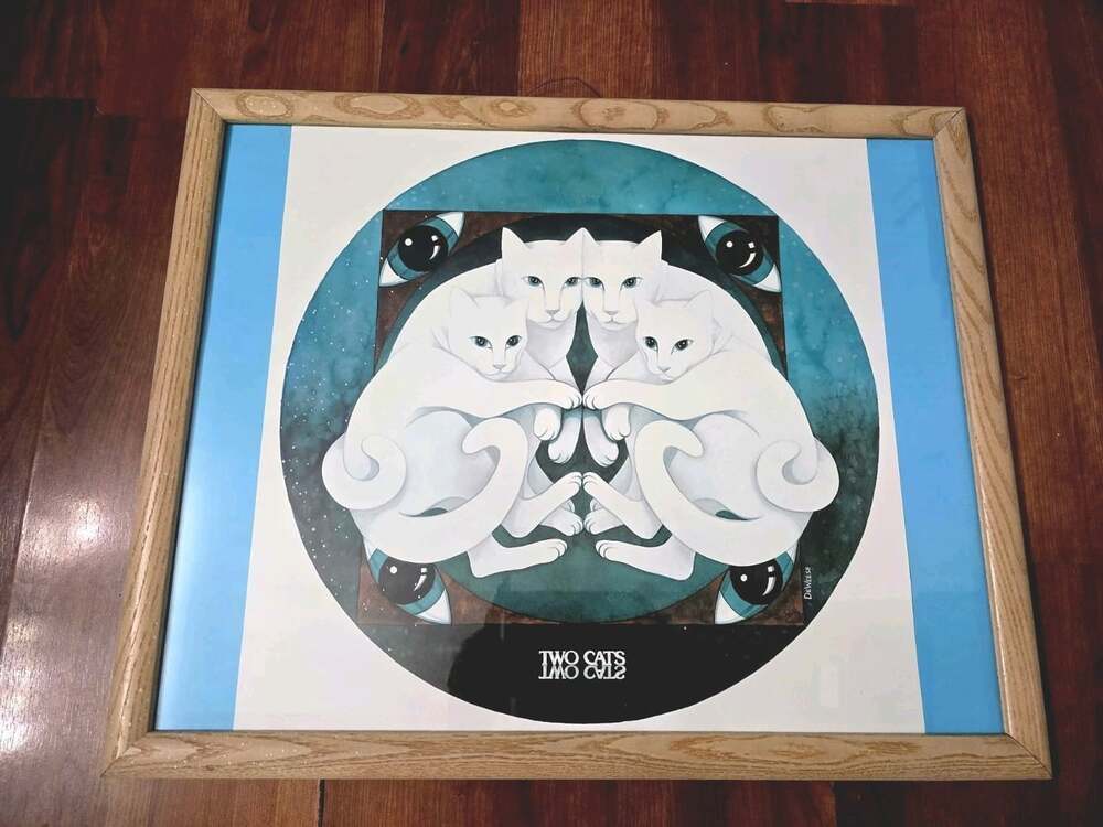 Vtg 1970s DeWeerd "Two Cats" Framed Art Print, M.C. Escher Style Tessellation
